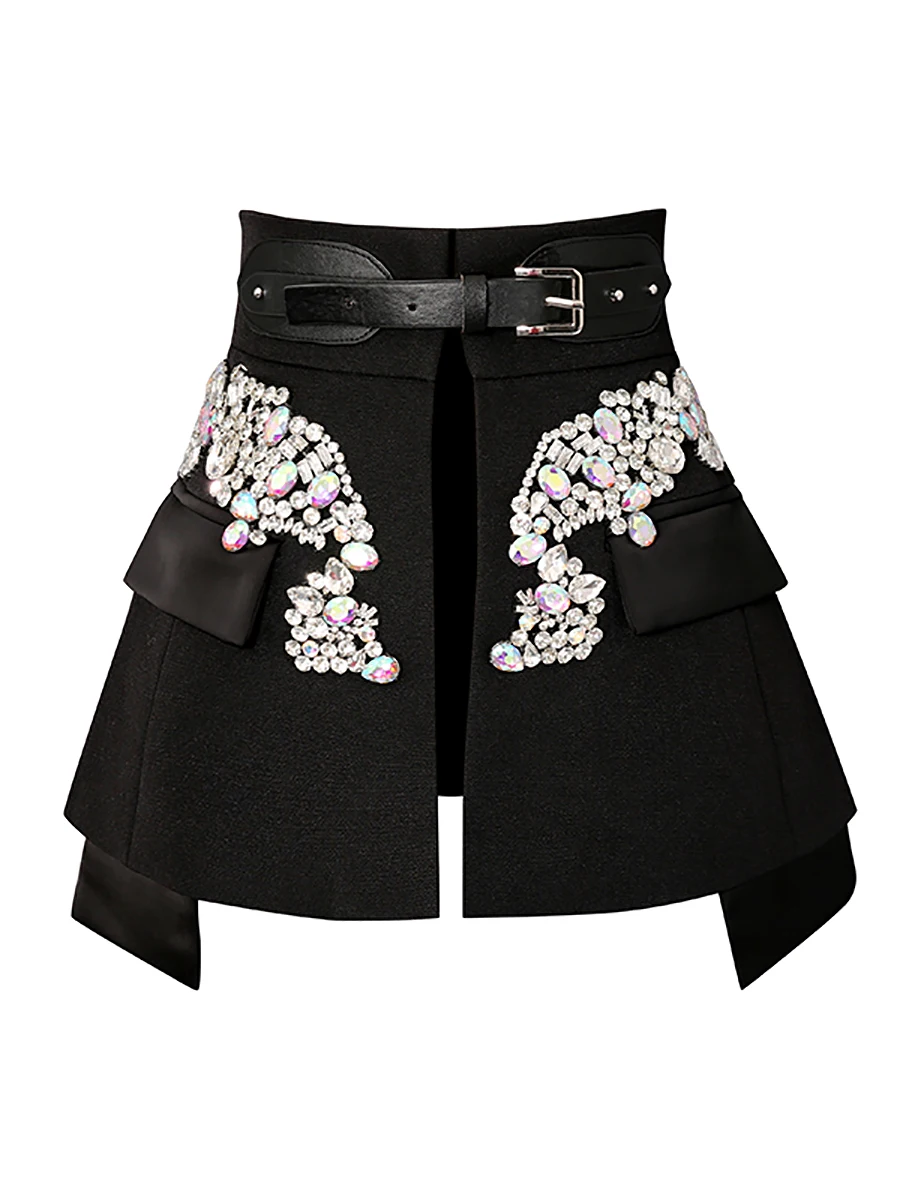 VGH Women's Chic Fashion Black Crystal Embellished Party Skirts High Waist Belted Faux Two Piece Skirt for Luxury Dinner Date