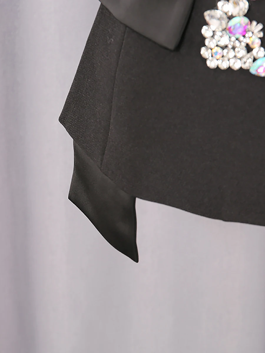 VGH Women's Chic Fashion Black Crystal Embellished Party Skirts High Waist Belted Faux Two Piece Skirt for Luxury Dinner Date