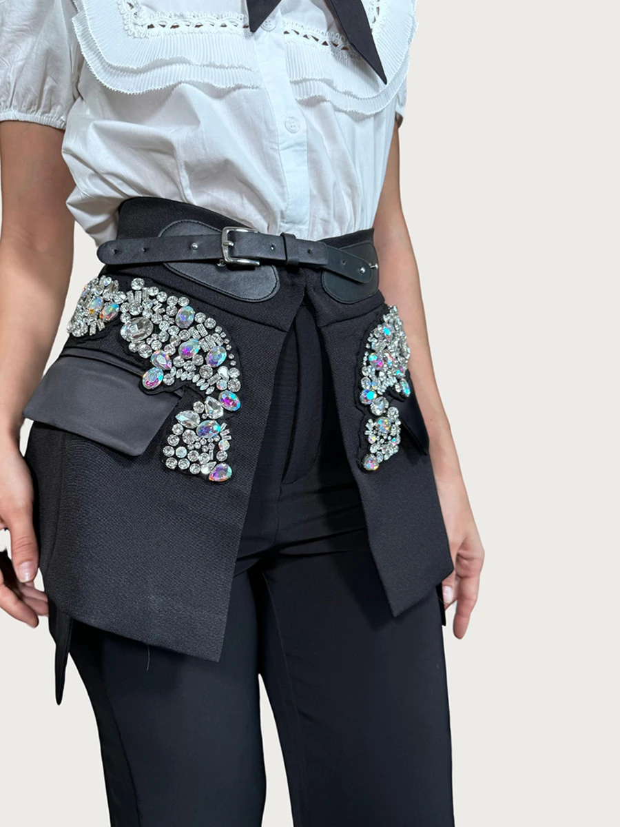 VGH Women's Chic Fashion Black Crystal Embellished Party Skirts High Waist Belted Faux Two Piece Skirt for Luxury Dinner Date