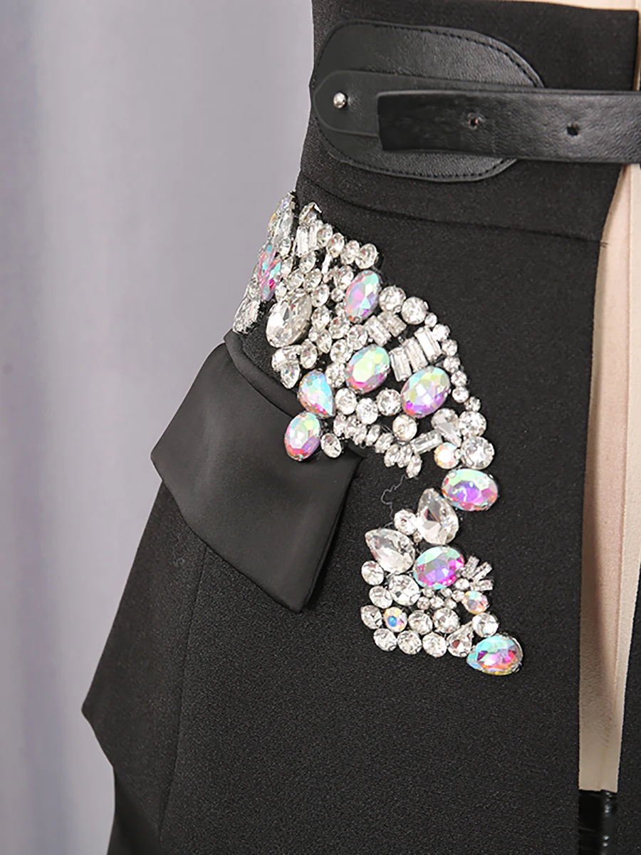 VGH Women's Chic Fashion Black Crystal Embellished Party Skirts High Waist Belted Faux Two Piece Skirt for Luxury Dinner Date