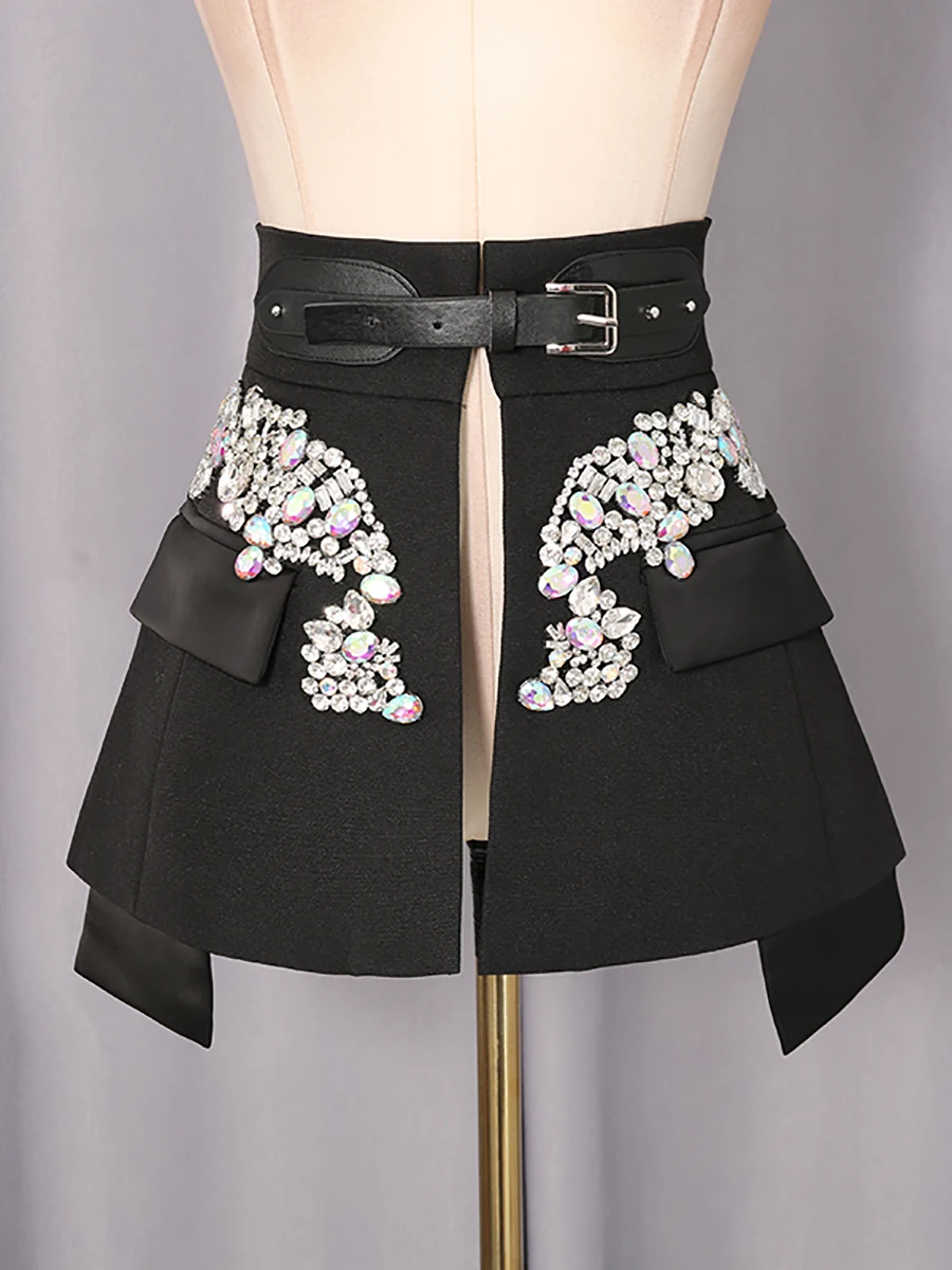 VGH Women's Chic Fashion Black Crystal Embellished Party Skirts High Waist Belted Faux Two Piece Skirt for Luxury Dinner Date