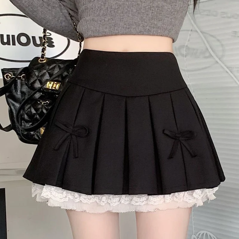 2025 Summer Fashion Lace A-Line Mini Skirts for Women Korean Solid Bowknit Woman Skirts All-match Pleated Skirt Mujer