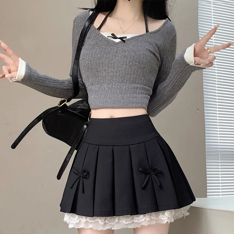 2025 Summer Fashion Lace A-Line Mini Skirts for Women Korean Solid Bowknit Woman Skirts All-match Pleated Skirt Mujer