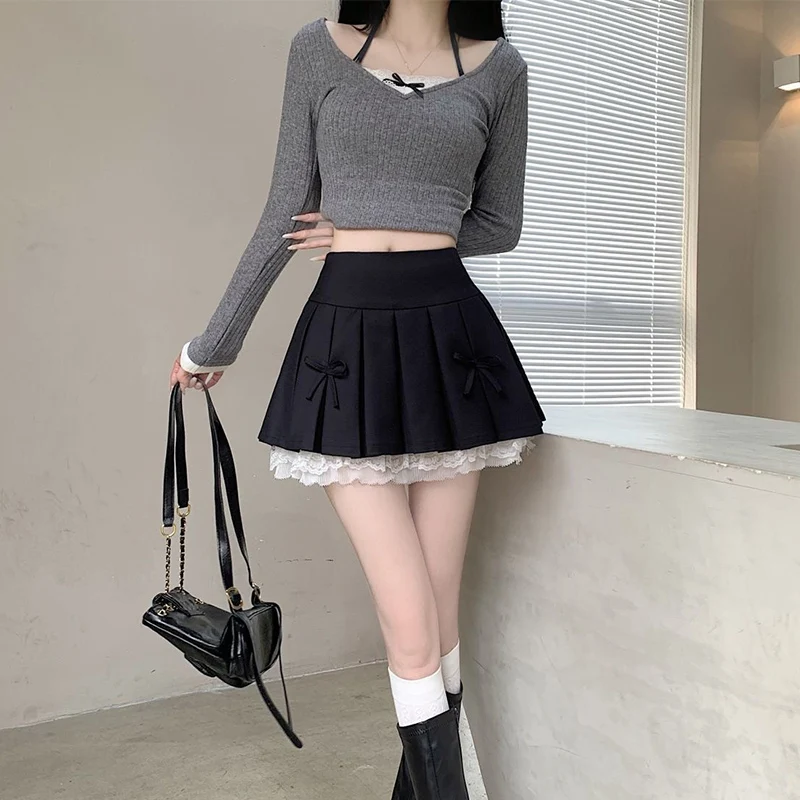 2025 Summer Fashion Lace A-Line Mini Skirts for Women Korean Solid Bowknit Woman Skirts All-match Pleated Skirt Mujer