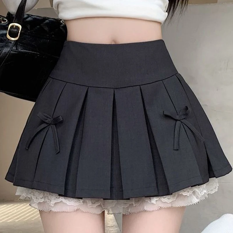 2025 Summer Fashion Lace A-Line Mini Skirts for Women Korean Solid Bowknit Woman Skirts All-match Pleated Skirt Mujer