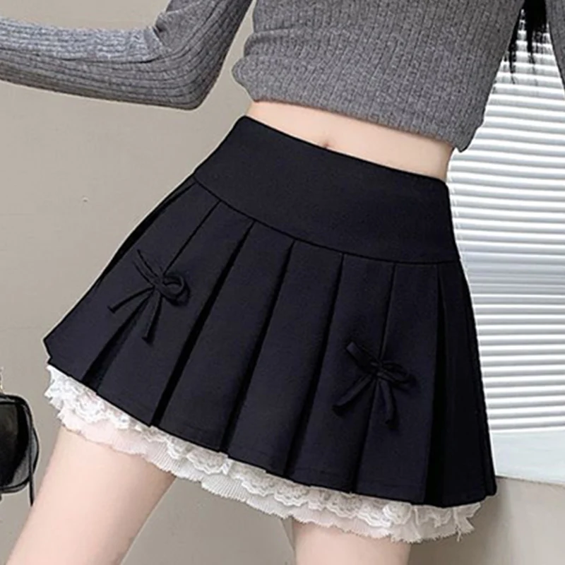 2025 Summer Fashion Lace A-Line Mini Skirts for Women Korean Solid Bowknit Woman Skirts All-match Pleated Skirt Mujer