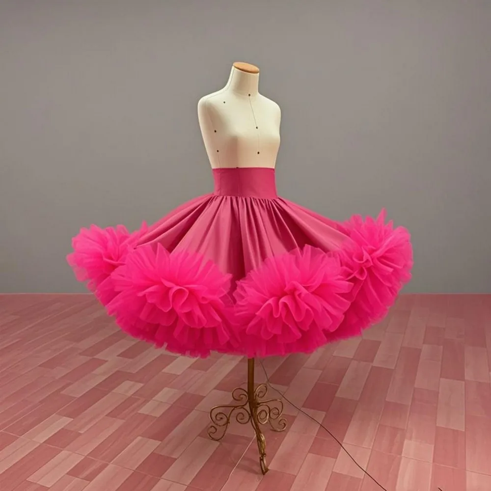 Fuchsia Knee Length Women Satin Skirt With Ruffles Bottom Costumes For Stage Show Skirts For Photoshoots