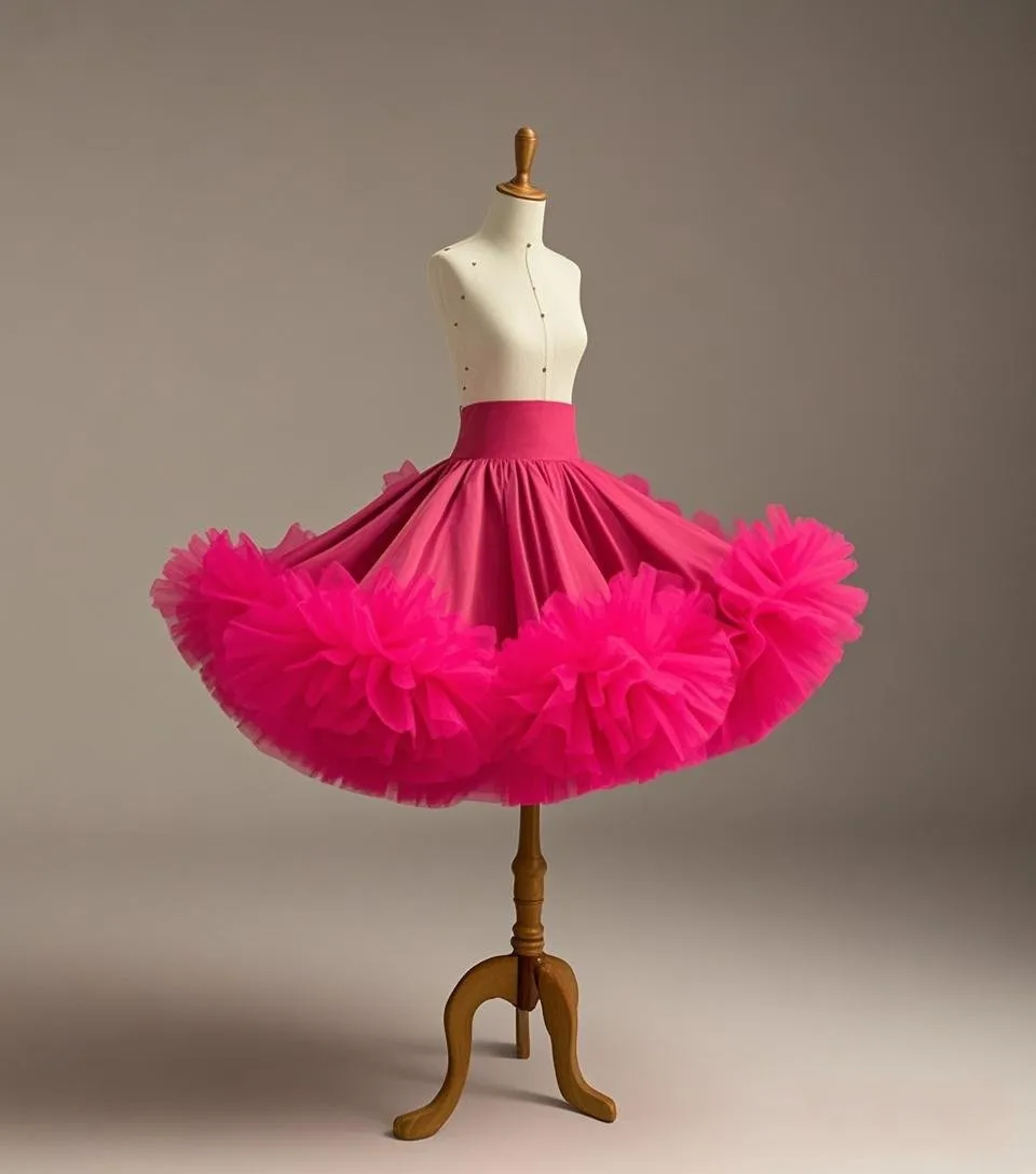 Fuchsia Knee Length Women Satin Skirt With Ruffles Bottom Costumes For Stage Show Skirts For Photoshoots