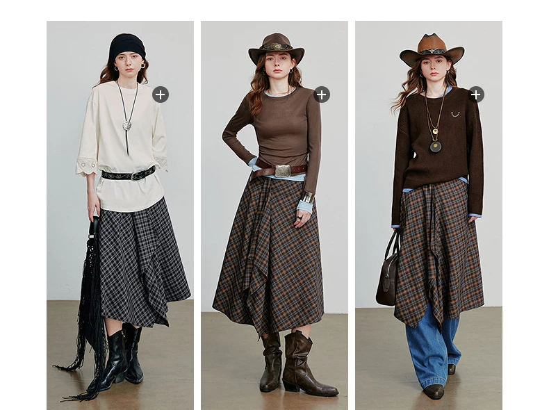TOYOUTH Women Ankle Length Skirt 2025 Autumn New Wave Style Retro Grid A Line Irregular Umbrella Skirt