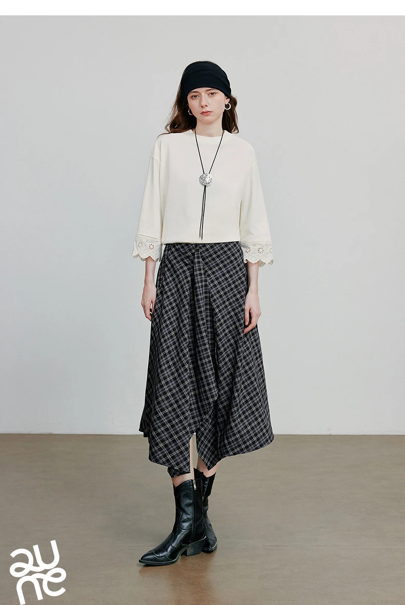 TOYOUTH Women Ankle Length Skirt 2025 Autumn New Wave Style Retro Grid A Line Irregular Umbrella Skirt
