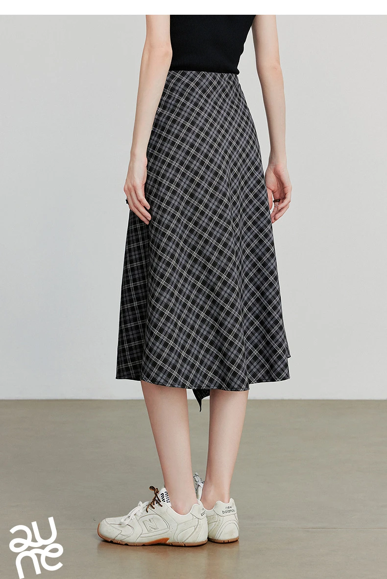 TOYOUTH Women Ankle Length Skirt 2025 Autumn New Wave Style Retro Grid A Line Irregular Umbrella Skirt