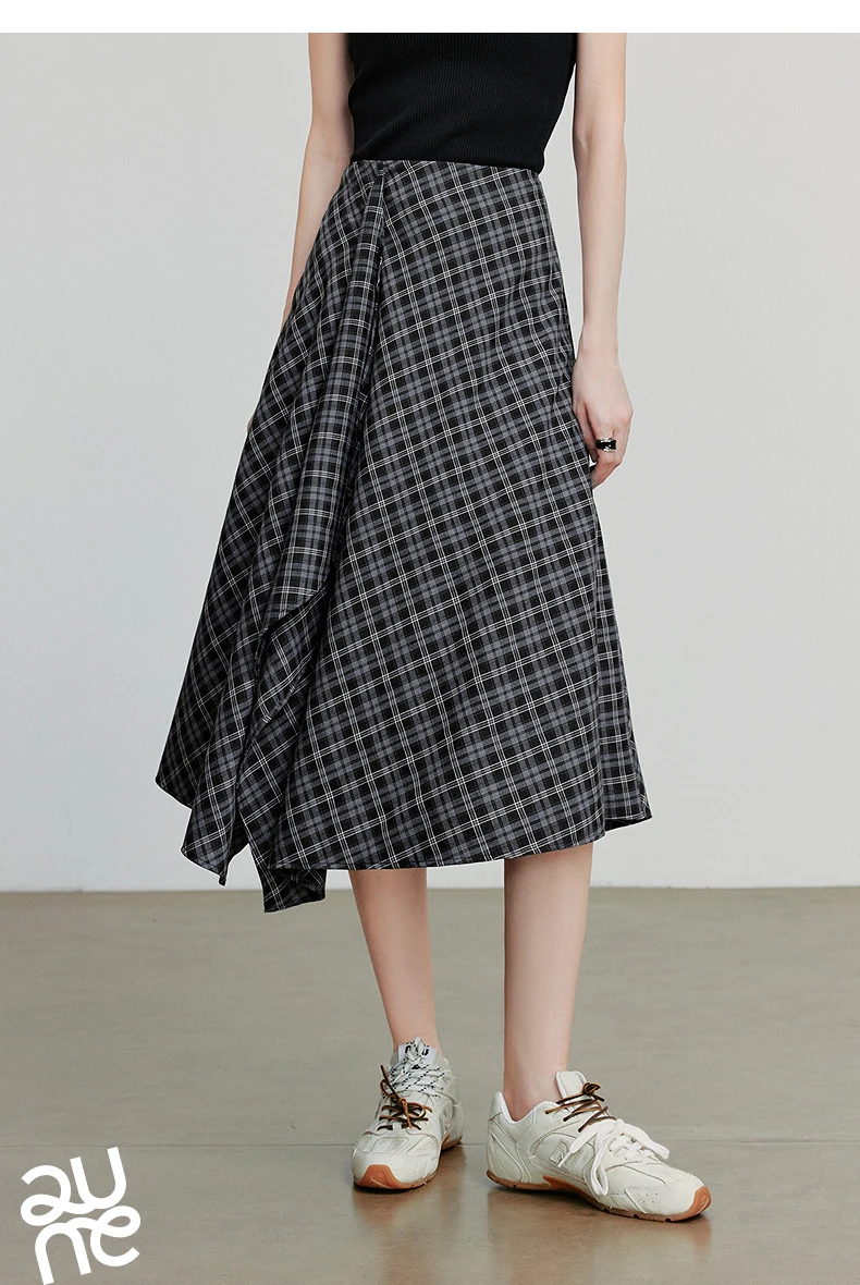 TOYOUTH Women Ankle Length Skirt 2025 Autumn New Wave Style Retro Grid A Line Irregular Umbrella Skirt