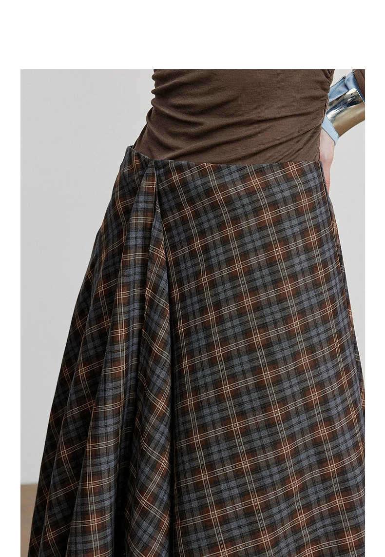 TOYOUTH Women Ankle Length Skirt 2025 Autumn New Wave Style Retro Grid A Line Irregular Umbrella Skirt