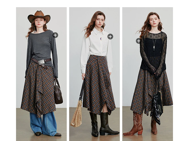 TOYOUTH Women Ankle Length Skirt 2025 Autumn New Wave Style Retro Grid A Line Irregular Umbrella Skirt