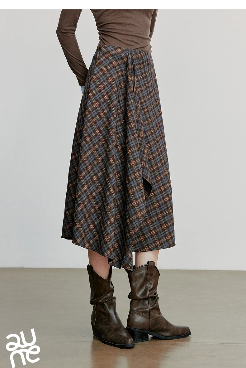 TOYOUTH Women Ankle Length Skirt 2025 Autumn New Wave Style Retro Grid A Line Irregular Umbrella Skirt