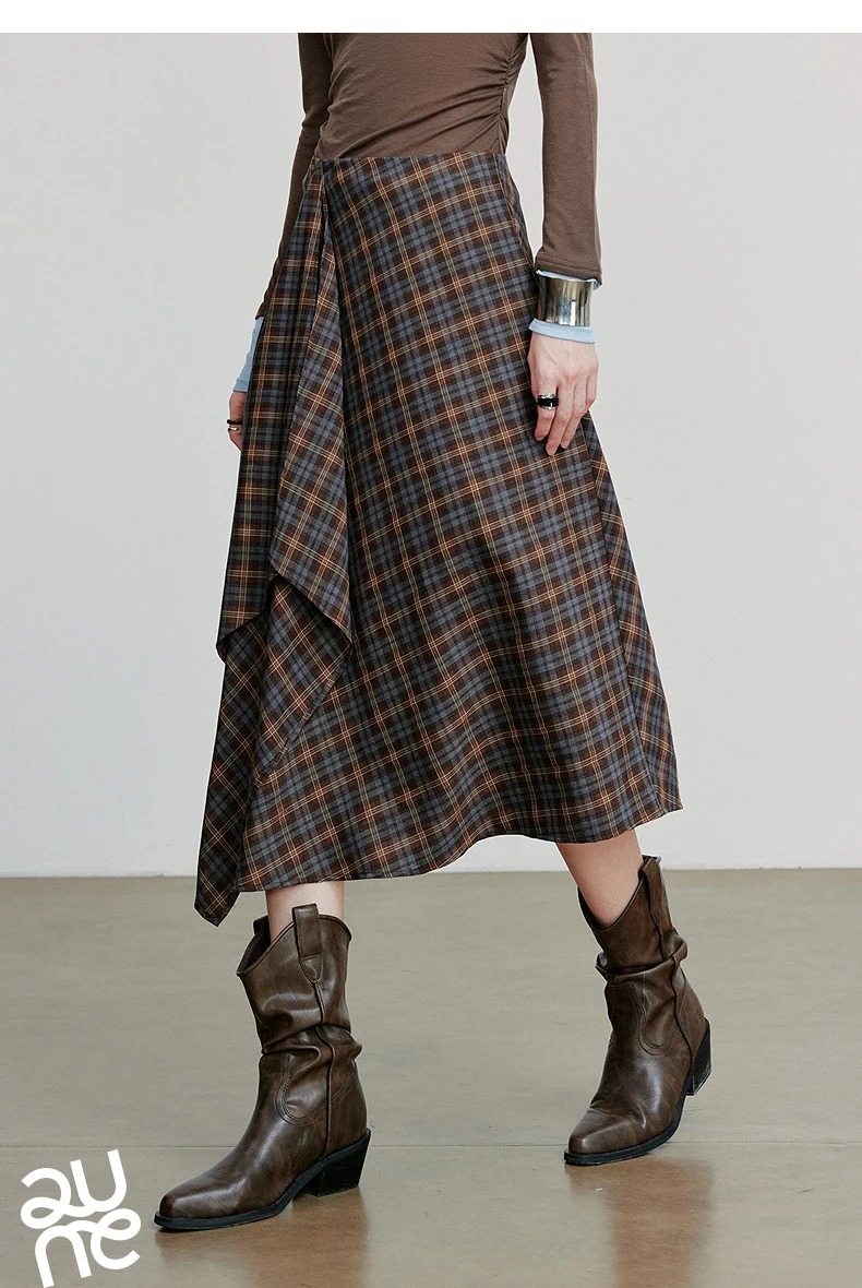 TOYOUTH Women Ankle Length Skirt 2025 Autumn New Wave Style Retro Grid A Line Irregular Umbrella Skirt