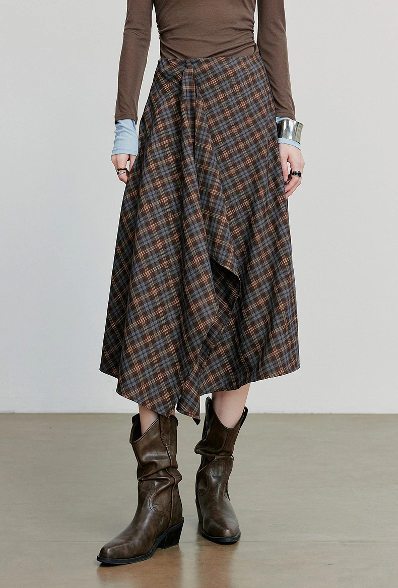 TOYOUTH Women Ankle Length Skirt 2025 Autumn New Wave Style Retro Grid A Line Irregular Umbrella Skirt