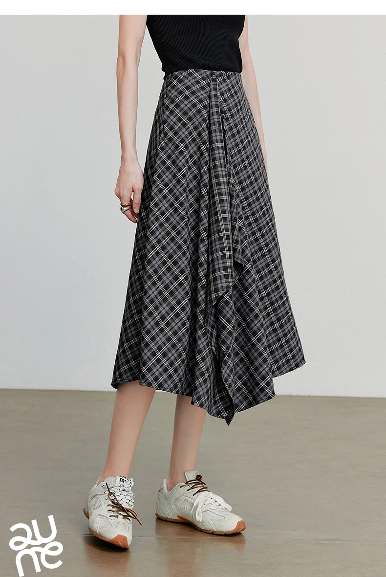 TOYOUTH Women Ankle Length Skirt 2025 Autumn New Wave Style Retro Grid A Line Irregular Umbrella Skirt