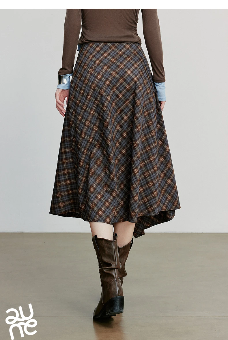TOYOUTH Women Ankle Length Skirt 2025 Autumn New Wave Style Retro Grid A Line Irregular Umbrella Skirt