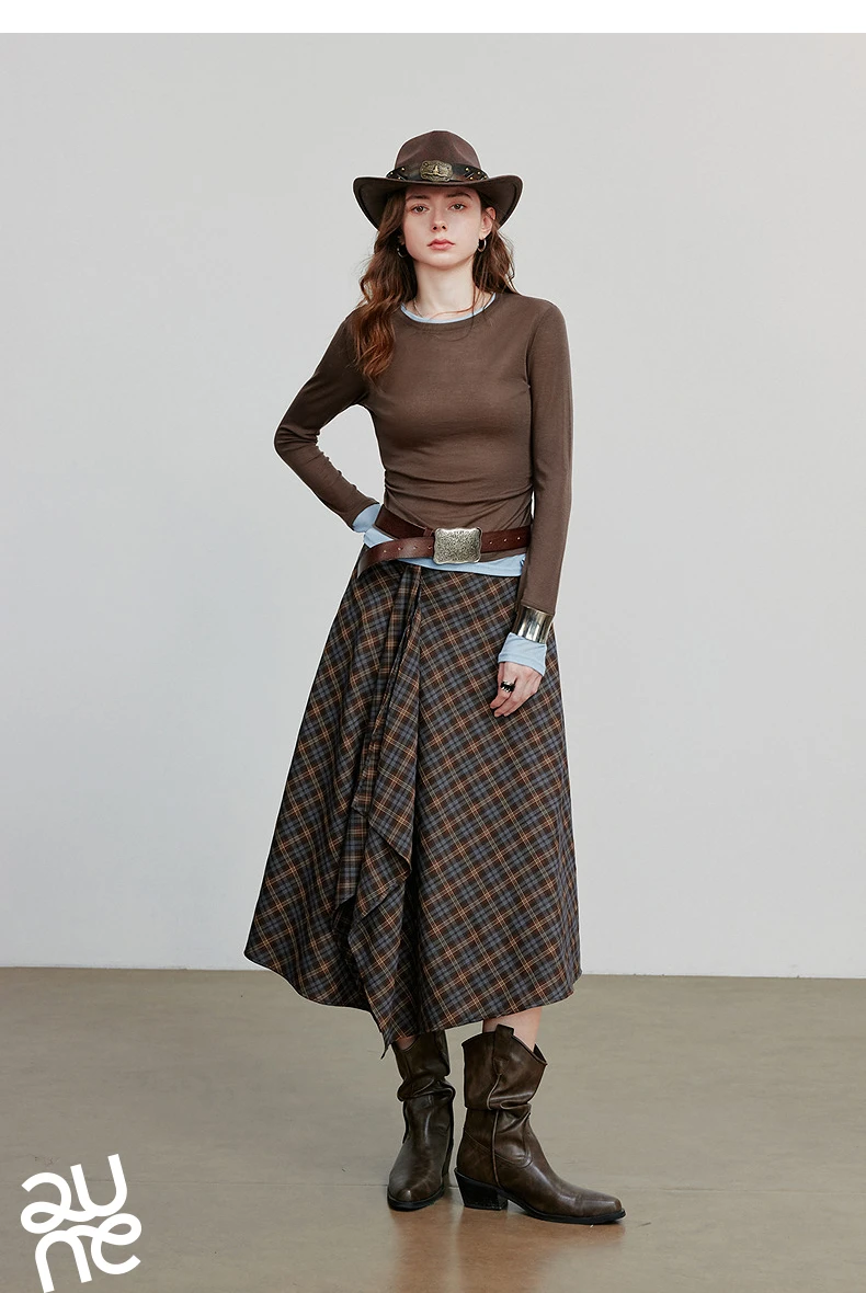 TOYOUTH Women Ankle Length Skirt 2025 Autumn New Wave Style Retro Grid A Line Irregular Umbrella Skirt