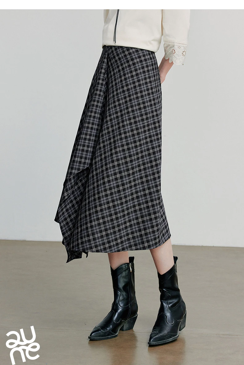 TOYOUTH Women Ankle Length Skirt 2025 Autumn New Wave Style Retro Grid A Line Irregular Umbrella Skirt
