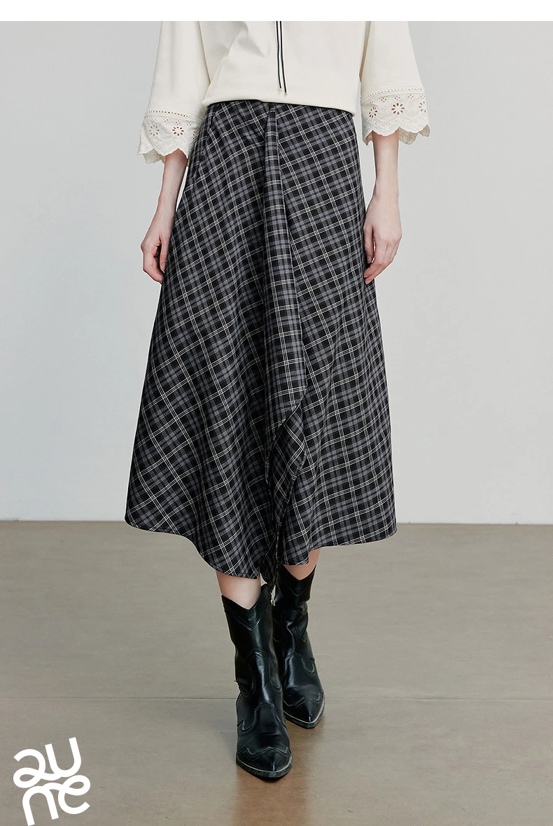 TOYOUTH Women Ankle Length Skirt 2025 Autumn New Wave Style Retro Grid A Line Irregular Umbrella Skirt