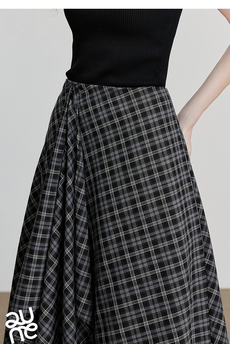 TOYOUTH Women Ankle Length Skirt 2025 Autumn New Wave Style Retro Grid A Line Irregular Umbrella Skirt