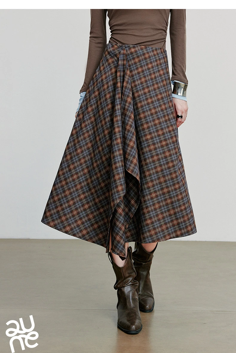 TOYOUTH Women Ankle Length Skirt 2025 Autumn New Wave Style Retro Grid A Line Irregular Umbrella Skirt