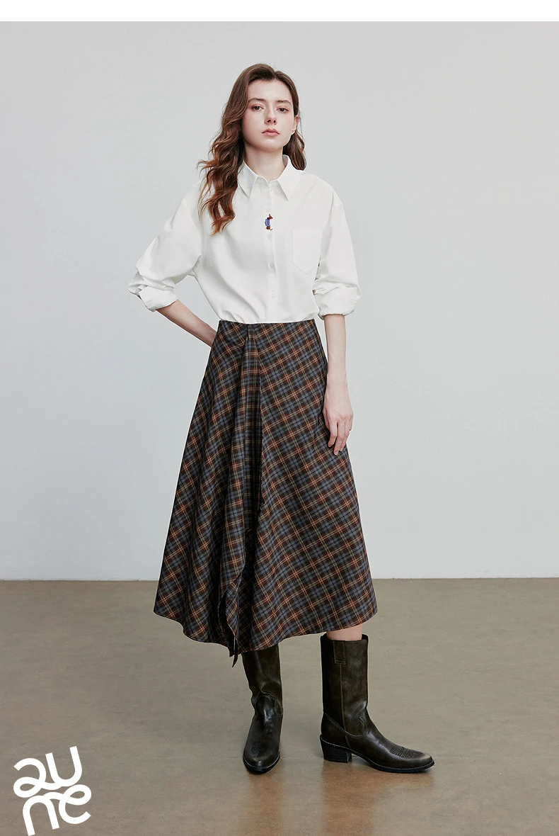 TOYOUTH Women Ankle Length Skirt 2025 Autumn New Wave Style Retro Grid A Line Irregular Umbrella Skirt