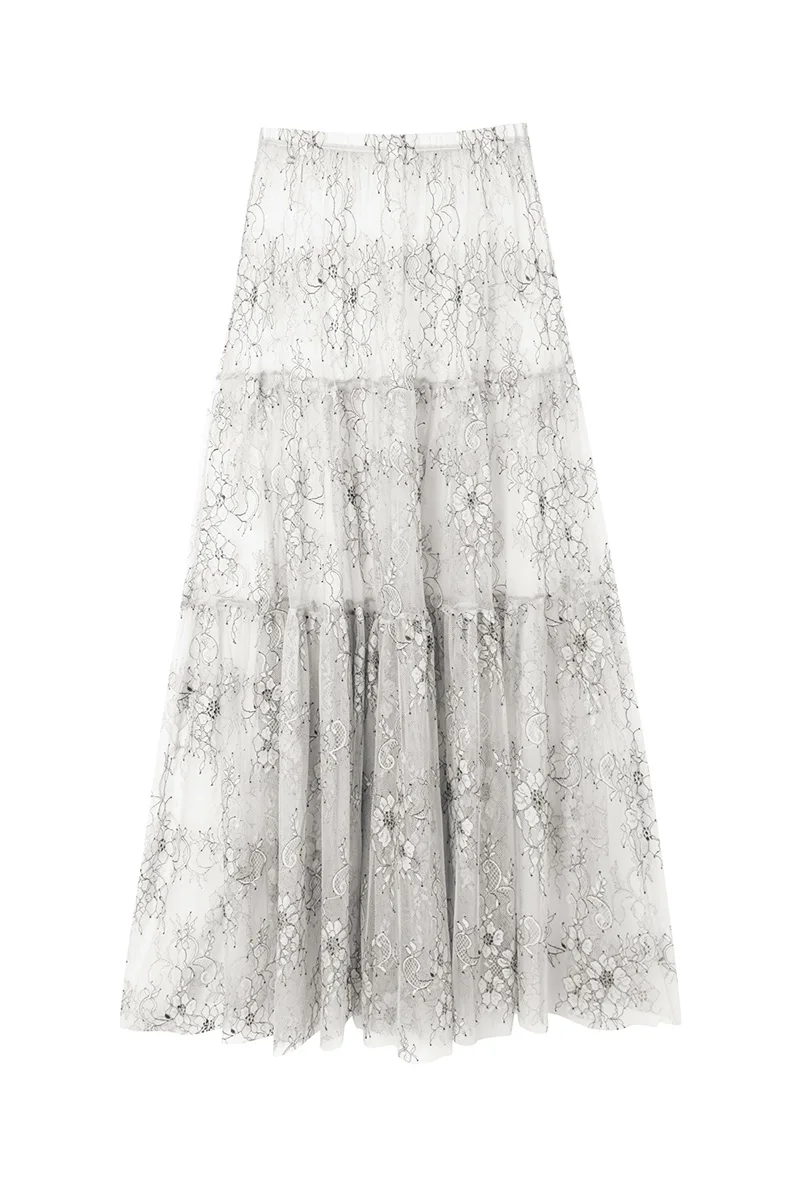 Mueyeruho 2026 Spring Summer Women Sexy Maxi Lace Skirts Solid High Waist Flare Long Skirt For Women