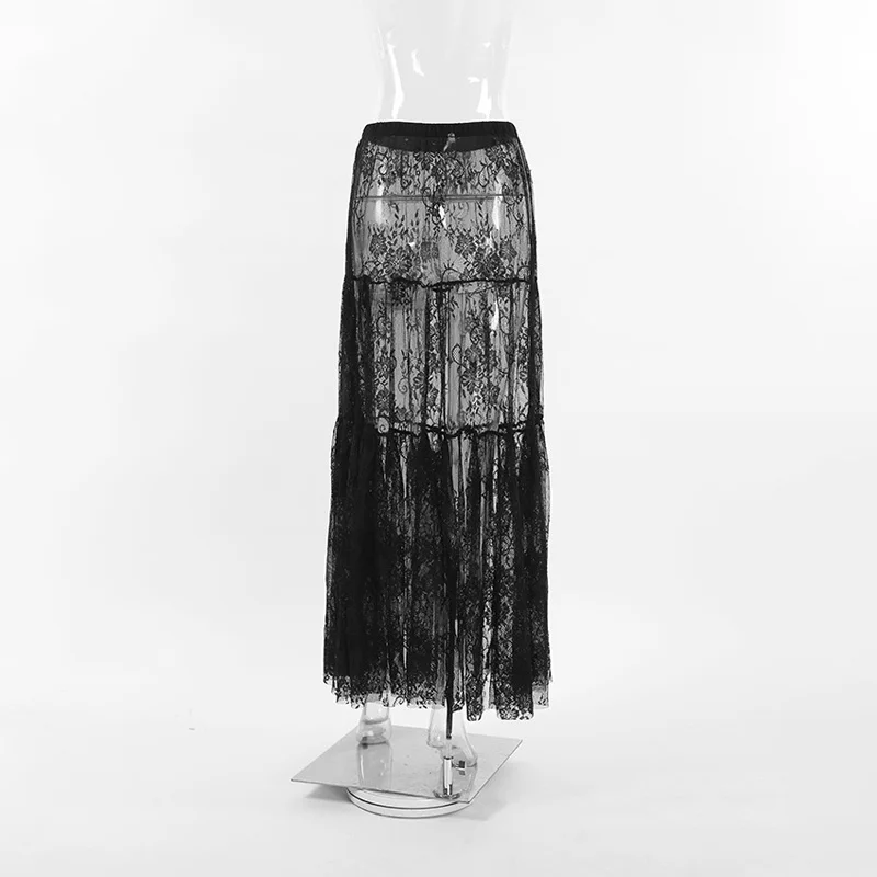Mueyeruho 2026 Spring Summer Women Sexy Maxi Lace Skirts Solid High Waist Flare Long Skirt For Women