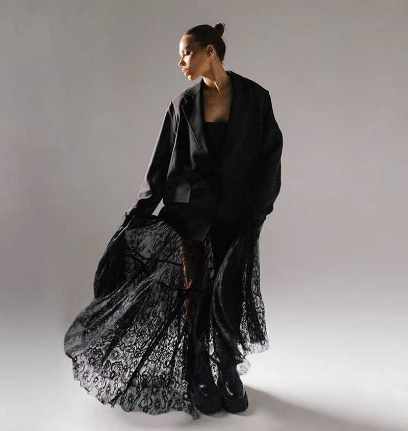 Mueyeruho 2026 Spring Summer Women Sexy Maxi Lace Skirts Solid High Waist Flare Long Skirt For Women