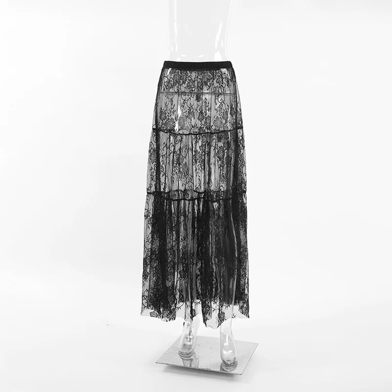 Mueyeruho 2026 Spring Summer Women Sexy Maxi Lace Skirts Solid High Waist Flare Long Skirt For Women