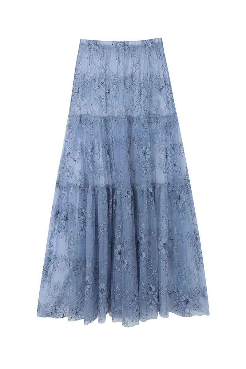 Mueyeruho 2026 Spring Summer Women Sexy Maxi Lace Skirts Solid High Waist Flare Long Skirt For Women