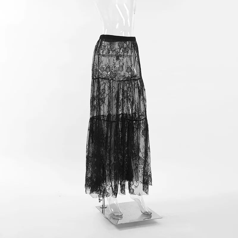 Mueyeruho 2026 Spring Summer Women Sexy Maxi Lace Skirts Solid High Waist Flare Long Skirt For Women