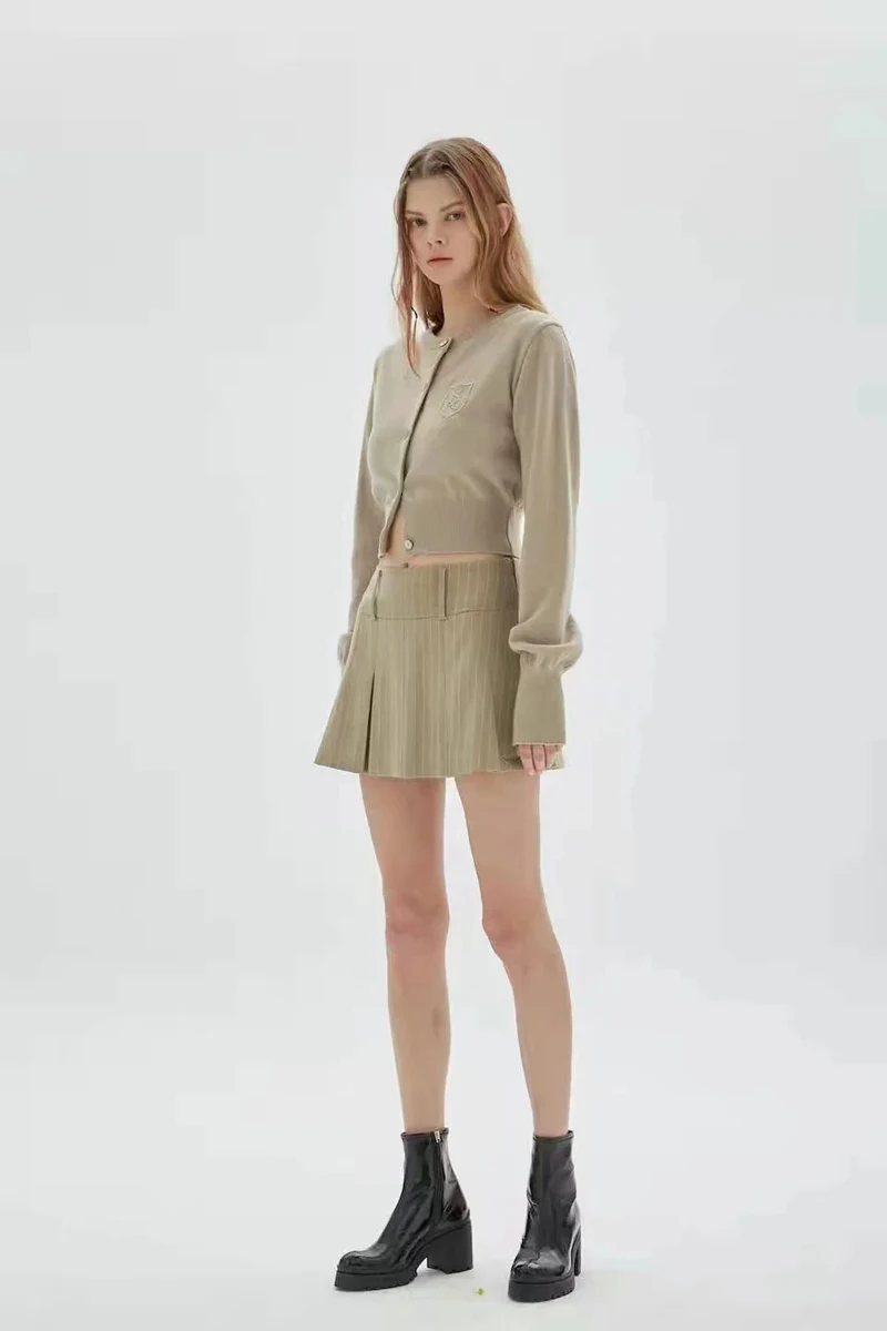 WOMENGAGA Women High Rise Pleated Striped Mini Skirt England Style Mini Skirt With Belt Loops korean women hot sexy 3HML
