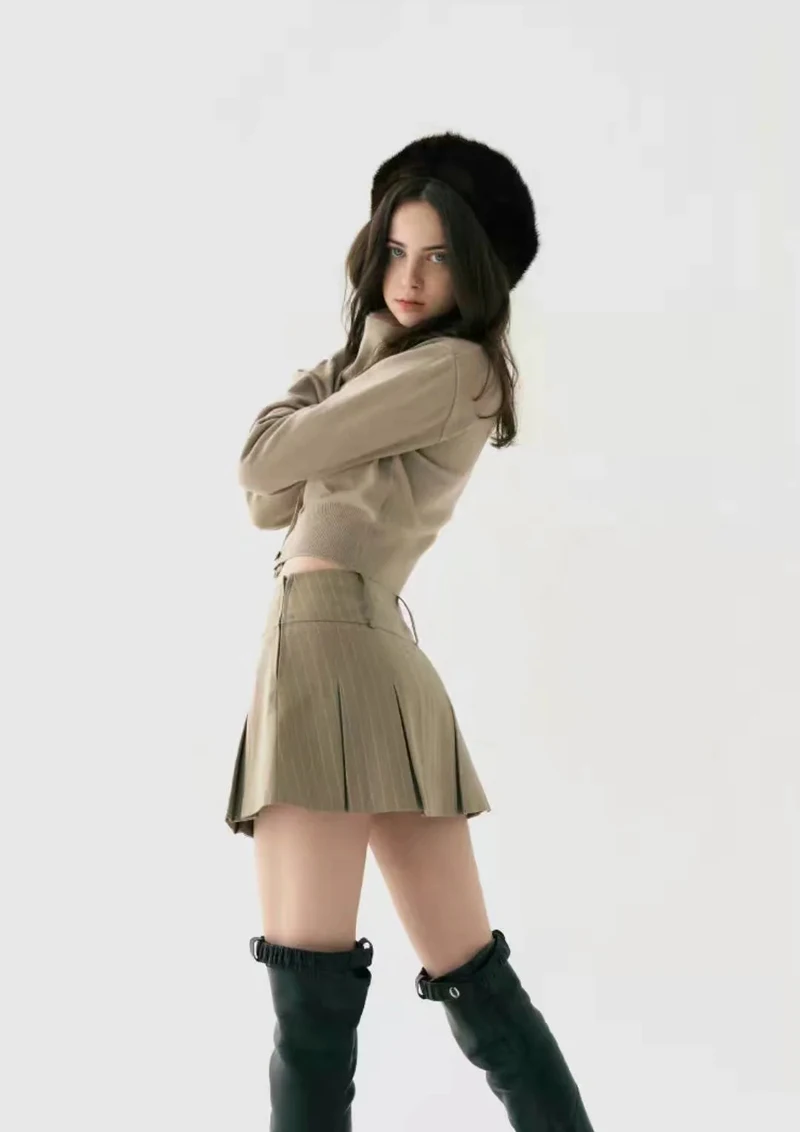 WOMENGAGA Women High Rise Pleated Striped Mini Skirt England Style Mini Skirt With Belt Loops korean women hot sexy 3HML