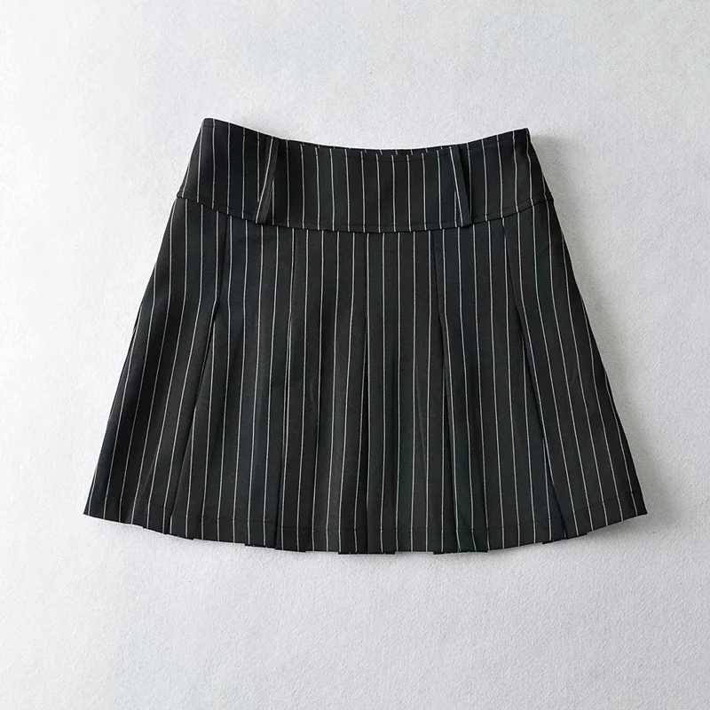 WOMENGAGA Women High Rise Pleated Striped Mini Skirt England Style Mini Skirt With Belt Loops korean women hot sexy 3HML