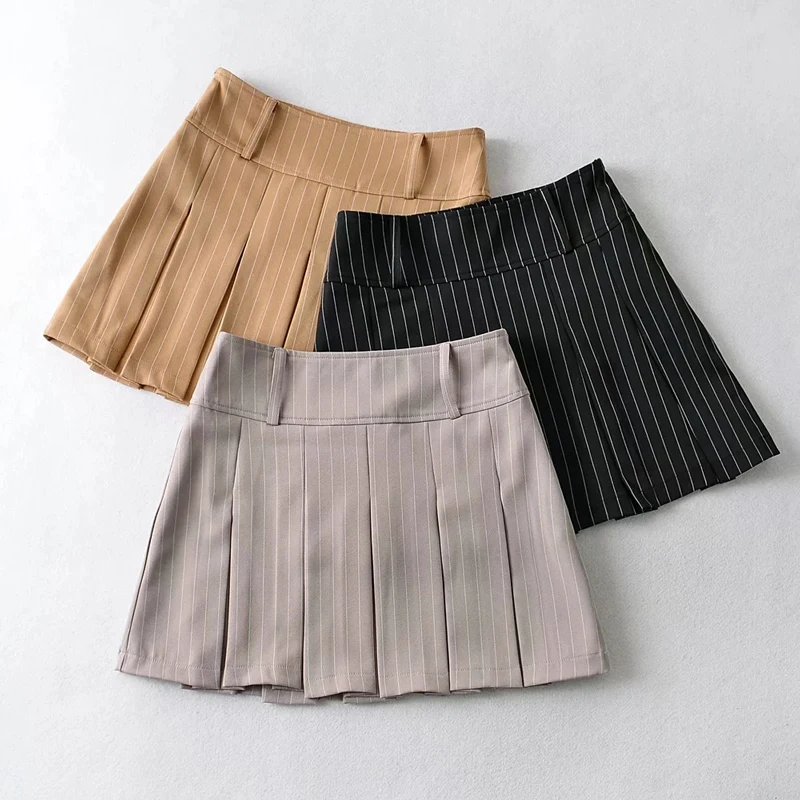 WOMENGAGA Women High Rise Pleated Striped Mini Skirt England Style Mini Skirt With Belt Loops korean women hot sexy 3HML