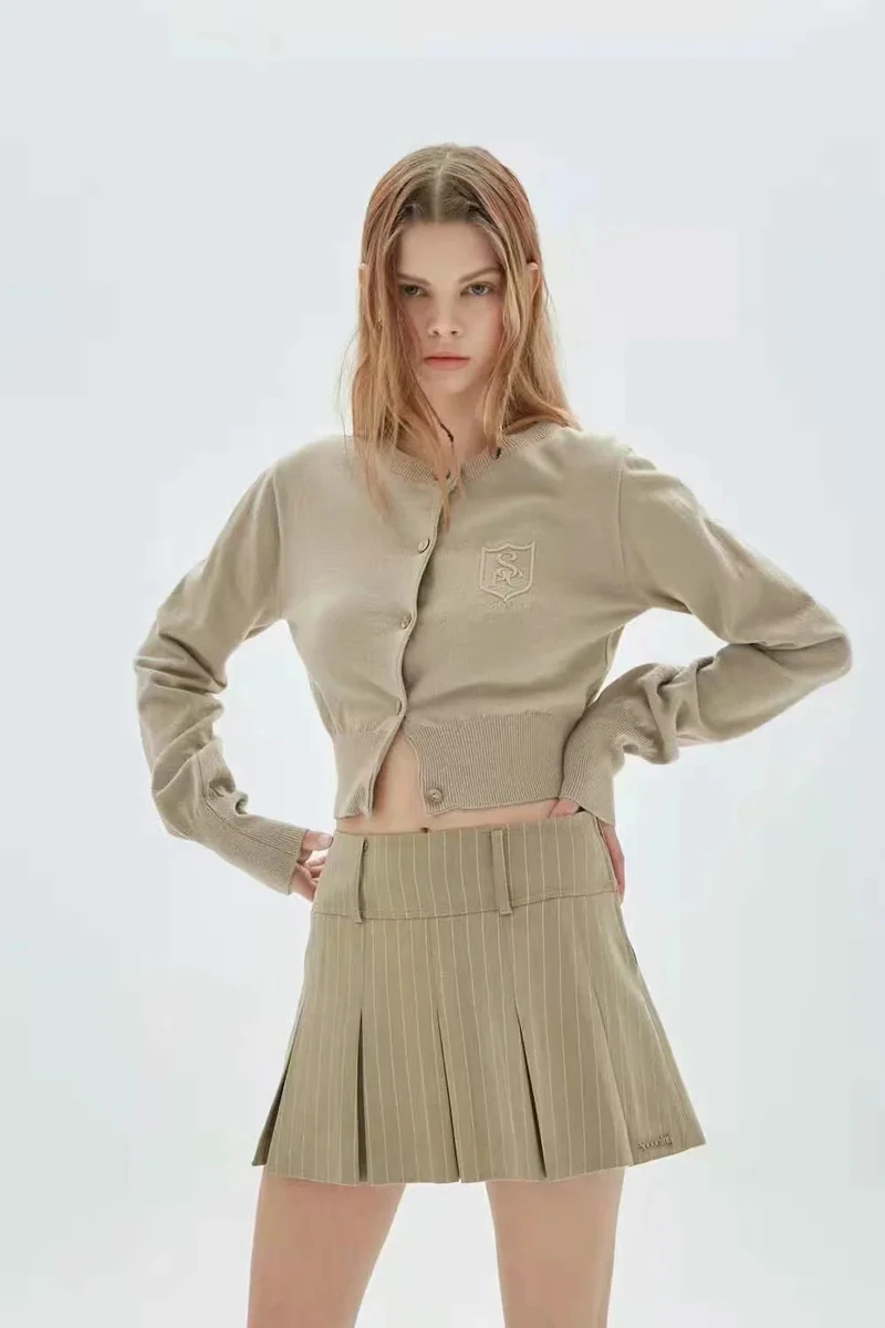 WOMENGAGA Women High Rise Pleated Striped Mini Skirt England Style Mini Skirt With Belt Loops korean women hot sexy 3HML