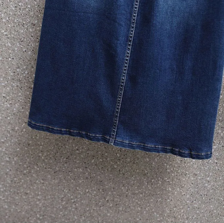 Summer New Women Elastic Waist Denim Skirts Korean Style Elegant Oversized High Waist Slit Skirts Mid Length Ladies Skirts