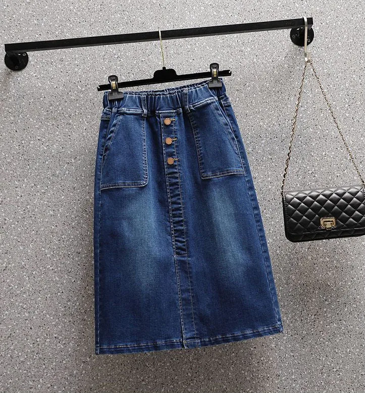 Summer New Women Elastic Waist Denim Skirts Korean Style Elegant Oversized High Waist Slit Skirts Mid Length Ladies Skirts