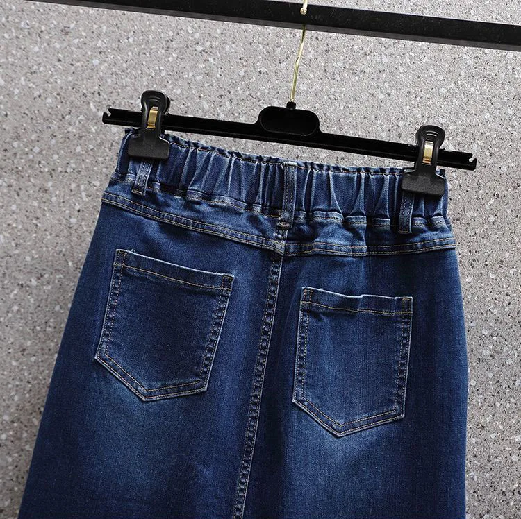 Summer New Women Elastic Waist Denim Skirts Korean Style Elegant Oversized High Waist Slit Skirts Mid Length Ladies Skirts