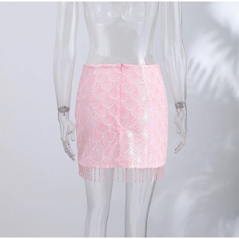 Sexy Mermaid Scale Sequin Mini Skirt Women's Fringe Hem High Waist Bodycon Skirts 2026 Summer New Lady Shiny Beach Vacation Wear