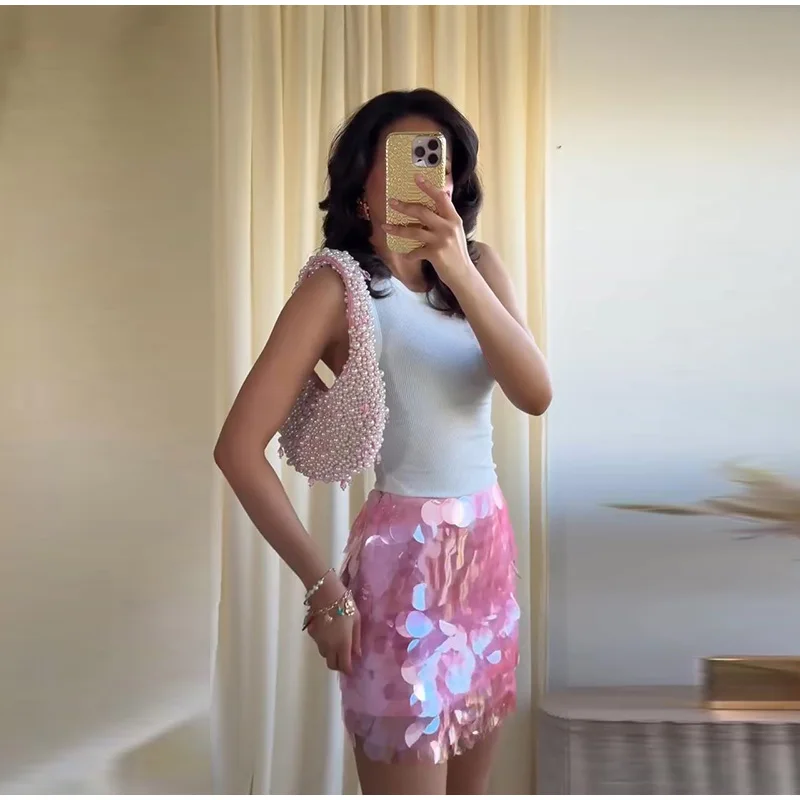 Sexy Mermaid Scale Sequin Mini Skirt Women's Fringe Hem High Waist Bodycon Skirts 2026 Summer New Lady Shiny Beach Vacation Wear