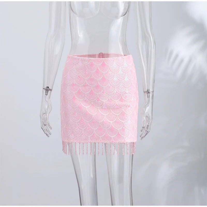 Sexy Mermaid Scale Sequin Mini Skirt Women's Fringe Hem High Waist Bodycon Skirts 2026 Summer New Lady Shiny Beach Vacation Wear