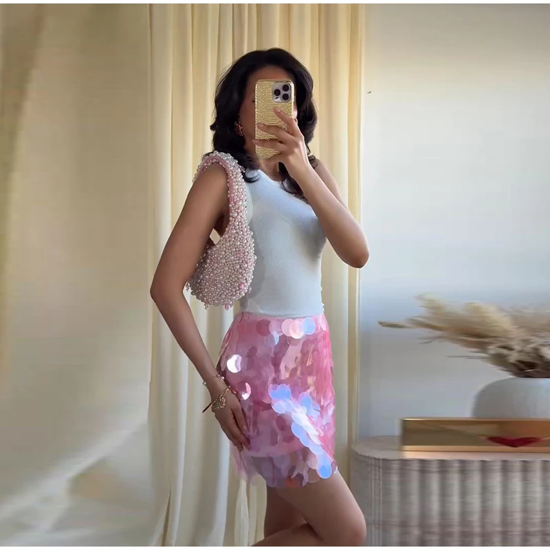 Sexy Mermaid Scale Sequin Mini Skirt Women's Fringe Hem High Waist Bodycon Skirts 2026 Summer New Lady Shiny Beach Vacation Wear