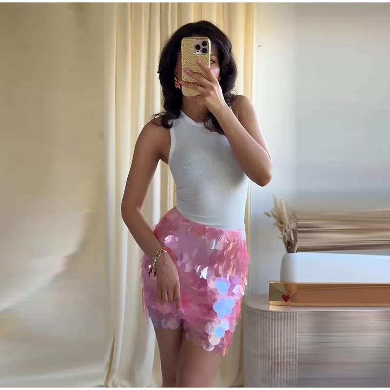 Sexy Mermaid Scale Sequin Mini Skirt Women's Fringe Hem High Waist Bodycon Skirts 2026 Summer New Lady Shiny Beach Vacation Wear