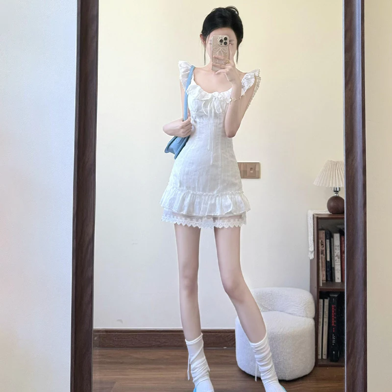 Korean Sweet Lace Short Dress Women College Style Elegant Spring Summer New A-line Dresses Sexy Design White Casual Y2K Clothing