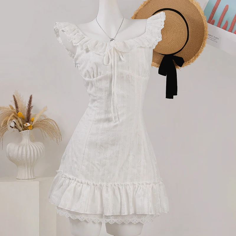 Korean Sweet Lace Short Dress Women College Style Elegant Spring Summer New A-line Dresses Sexy Design White Casual Y2K Clothing